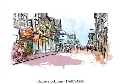 Building view with landmark of  Chester city walls consist of a defensive structure built to protect the city of chester.  Watercolor splash with hand drown sketch illustration in vector. 