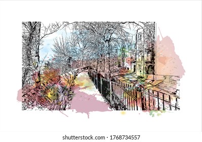 Building view with landmark of  Chester city walls consist of a defensive structure built to protect the city of chester.  Watercolor splash with hand drown sketch illustration in vector. 