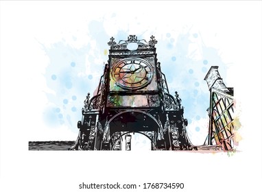 Building view with landmark of  Chester city walls consist of a defensive structure built to protect the city of chester.  Watercolor splash with hand drown sketch illustration in vector. 