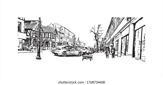 Building view with landmark of  Chester city walls consist of a defensive structure built to protect the city of chester. Hand drown sketch illustration in vector. 