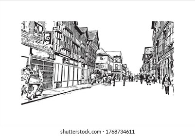 Building view with landmark of  Chester city walls consist of a defensive structure built to protect the city of chester. Hand drown sketch illustration in vector. 