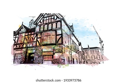 Building view with landmark of Chester is a city in northwest England. Watercolour splash with hand drawn sketch illustration in vector.