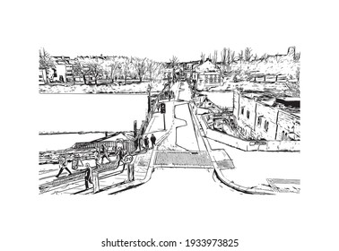 Building view with landmark of Chester is a city in northwest England. Hand drawn sketch illustration in vector.