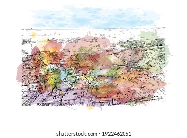 Building view with landmark of Chhindwara is the
city in India. Watercolour splash with hand drawn sketch illustration in vector.