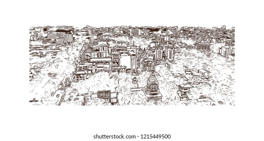 Building view with landmark of Chiang Mai is a city in mountainous northern Thailand. Hand drawn sketch illustration in vector.