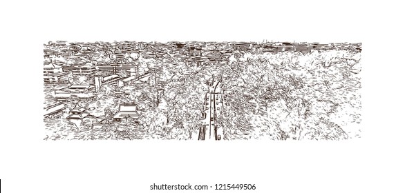 Building view with landmark of Chiang Mai is a city in mountainous northern Thailand. Hand drawn sketch illustration in vector.