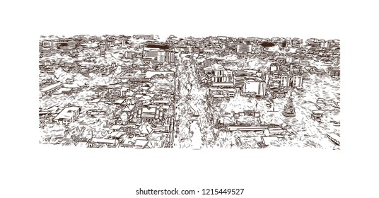 Building view with landmark of Chiang Mai is a city in mountainous northern Thailand. Hand drawn sketch illustration in vector.