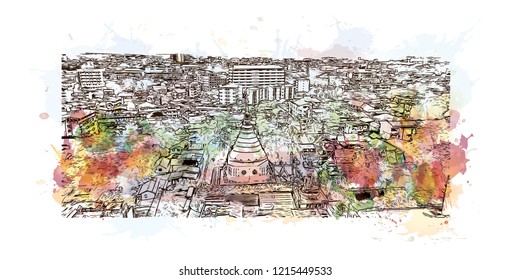 Building view with landmark of Chiang Mai is a city in mountainous northern Thailand. Watercolor splash with Hand drawn sketch illustration in vector.