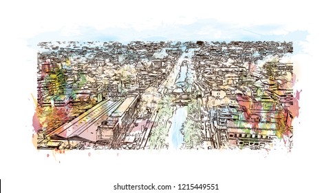Building view with landmark of Chiang Mai is a city in mountainous northern Thailand. Watercolor splash with Hand drawn sketch illustration in vector.