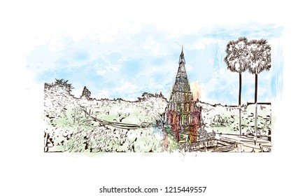 Building view with landmark of Chiang Mai is a city in mountainous northern Thailand. Watercolor splash with Hand drawn sketch illustration in vector.