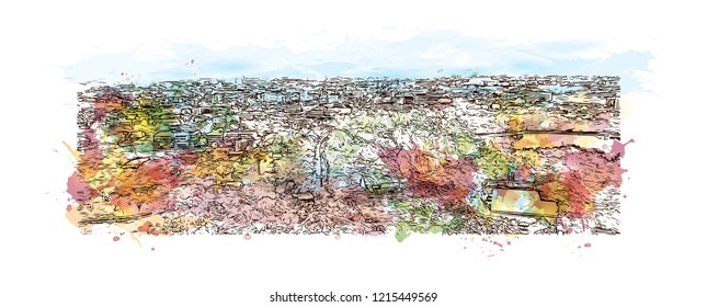 Building view with landmark of Chiang Mai is a city in mountainous northern Thailand. Watercolor splash with Hand drawn sketch illustration in vector.