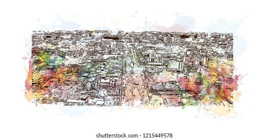 Building view with landmark of Chiang Mai is a city in mountainous northern Thailand. Watercolor splash with Hand drawn sketch illustration in vector.