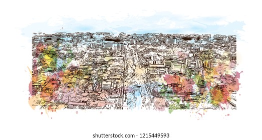 Building view with landmark of Chiang Mai is a city in mountainous northern Thailand. Watercolor splash with Hand drawn sketch illustration in vector.