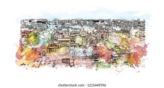 Building view with landmark of Chiang Mai is a city in mountainous northern Thailand. Watercolor splash with Hand drawn sketch illustration in vector.