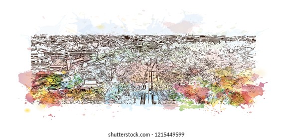 Building view with landmark of Chiang Mai is a city in mountainous northern Thailand. Watercolor splash with Hand drawn sketch illustration in vector.