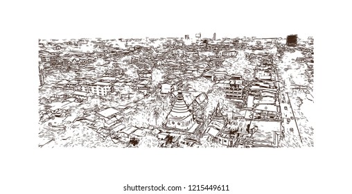 Building view with landmark of Chiang Mai is a city in mountainous northern Thailand. Hand drawn sketch illustration in vector.