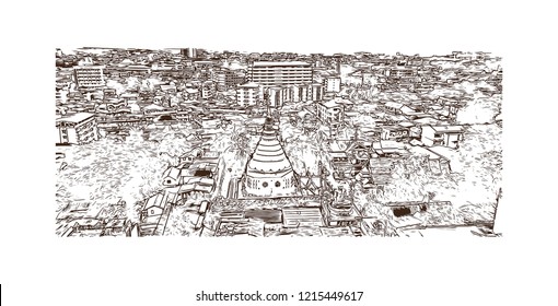 Building view with landmark of Chiang Mai is a city in mountainous northern Thailand. Hand drawn sketch illustration in vector.