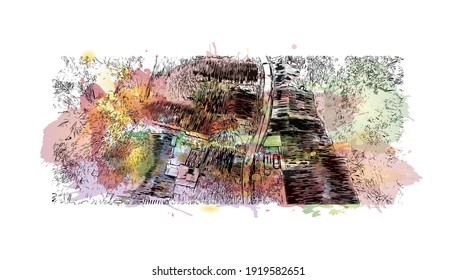 Building view with landmark of Chiang Mai is a city in mountainous northern Thailand. Watercolour splash with hand drawn sketch illustration in vector.