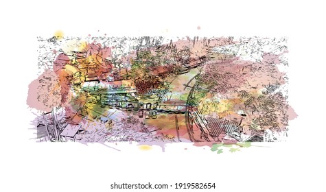 Building view with landmark of Chiang Mai is a city in mountainous northern Thailand. Watercolour splash with hand drawn sketch illustration in vector.