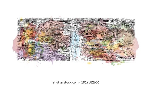 Building view with landmark of Chiang Mai is a city in mountainous northern Thailand. Watercolour splash with hand drawn sketch illustration in vector.