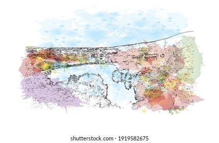 Building view with landmark of Chiang Mai is a city in mountainous northern Thailand. Watercolour splash with hand drawn sketch illustration in vector.