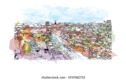 Building view with landmark of Chiang Mai is a city in mountainous northern Thailand. Watercolour splash with hand drawn sketch illustration in vector.