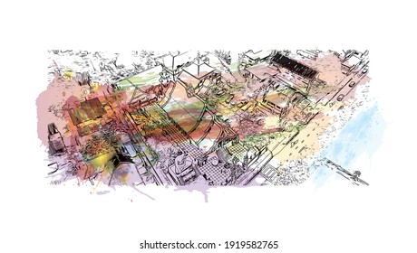 Building view with landmark of Chiang Mai is a city in mountainous northern Thailand. Watercolour splash with hand drawn sketch illustration in vector.