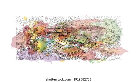 Building view with landmark of Chiang Mai is a city in mountainous northern Thailand. Watercolour splash with hand drawn sketch illustration in vector.