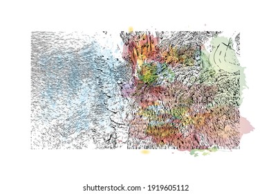 Building view with landmark of Chiba is the
city in Japan. Watercolour splash with hand drawn sketch illustration in vector.
