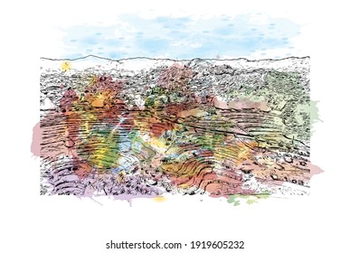 Building view with landmark of Chiba is the
city in Japan. Watercolour splash with hand drawn sketch illustration in vector.