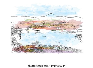 Building view with landmark of Chiba is the
city in Japan. Watercolour splash with hand drawn sketch illustration in vector.