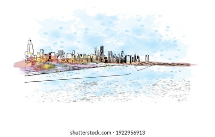 La vista de edificios con el punto de referencia de Chicago es el
ciudad de Illinois. Salto de color de agua con ilustración de esbozo dibujada a mano en vector.