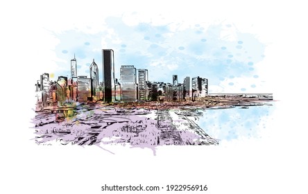 Building view with landmark of Chicago is the
city in Illinois. Watercolour splash with hand drawn sketch illustration in vector.