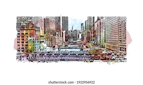 Building view with landmark of Chicago is the
city in Illinois. Watercolour splash with hand drawn sketch illustration in vector.