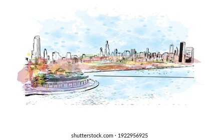 Building view with landmark of Chicago is the
city in Illinois. Watercolour splash with hand drawn sketch illustration in vector.