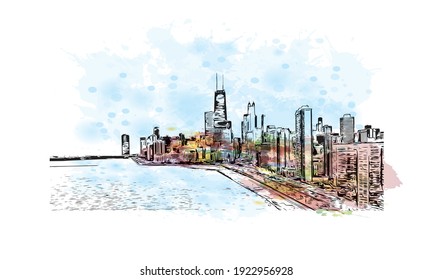 Building view with landmark of Chicago is the
city in Illinois. Watercolour splash with hand drawn sketch illustration in vector.