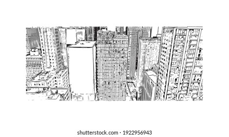 La vista de edificios con el punto de referencia de Chicago es el
ciudad de Illinois. Dibujo a mano de ilustración de esbozo en vector.