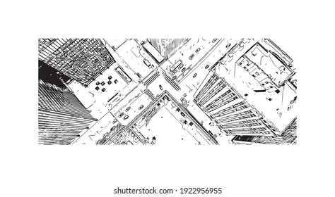 La vista de edificios con el punto de referencia de Chicago es el
ciudad de Illinois. Dibujo a mano de ilustración de esbozo en vector.