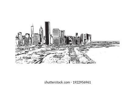 La vista de edificios con el punto de referencia de Chicago es el
ciudad de Illinois. Dibujo a mano de ilustración de esbozo en vector.