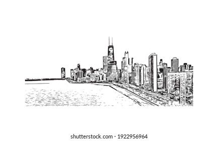 Building view with landmark of Chicago is the
city in Illinois. Hand drawn sketch illustration in vector.