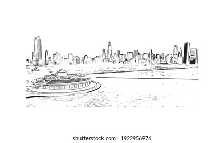 La vista de edificios con el punto de referencia de Chicago es el
ciudad de Illinois. Dibujo a mano de ilustración de esbozo en vector.