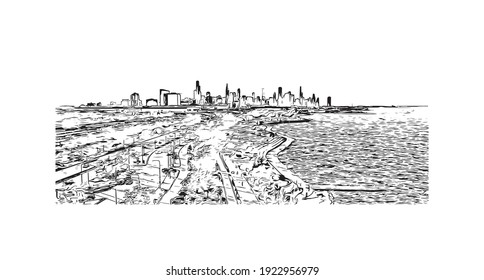 La vista de edificios con el punto de referencia de Chicago es el
ciudad de Illinois. Dibujo a mano de ilustración de esbozo en vector.