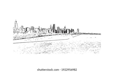 La vista de edificios con el punto de referencia de Chicago es el
ciudad de Illinois. Dibujo a mano de ilustración de esbozo en vector.