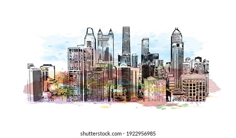 Building view with landmark of Chicago is the
city in Illinois. Watercolour splash with hand drawn sketch illustration in vector.