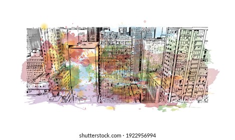 Building view with landmark of Chicago is the
city in Illinois. Watercolour splash with hand drawn sketch illustration in vector.