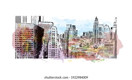 Building view with landmark of Chicago is the
city in Illinois. Watercolour splash with hand drawn sketch illustration in vector.