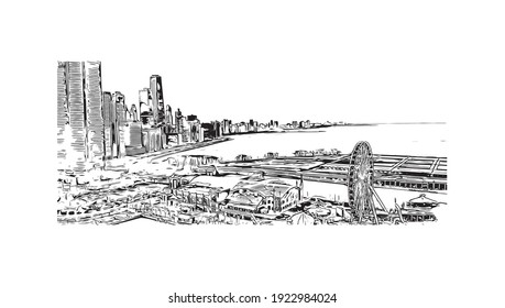 La vista de edificios con el punto de referencia de Chicago es el
ciudad de Illinois. Dibujo a mano de ilustración de esbozo en vector.