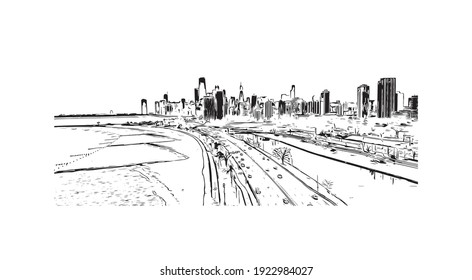 La vista de edificios con el punto de referencia de Chicago es el
ciudad de Illinois. Dibujo a mano de ilustración de esbozo en vector.