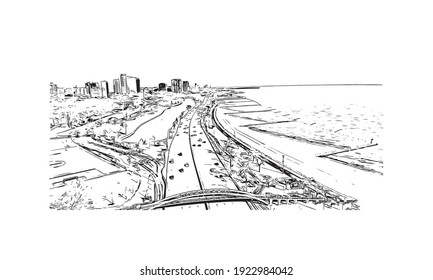 La vista de edificios con el punto de referencia de Chicago es el
ciudad de Illinois. Dibujo a mano de ilustración de esbozo en vector.