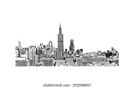 Building view with landmark of Chicago is the
city in Illinois. Hand drawn sketch illustration in vector.